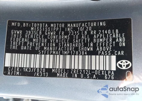 2021 Toyota Corolla Le from USA, damaged, VIN 5YFEPMAE1MP178384